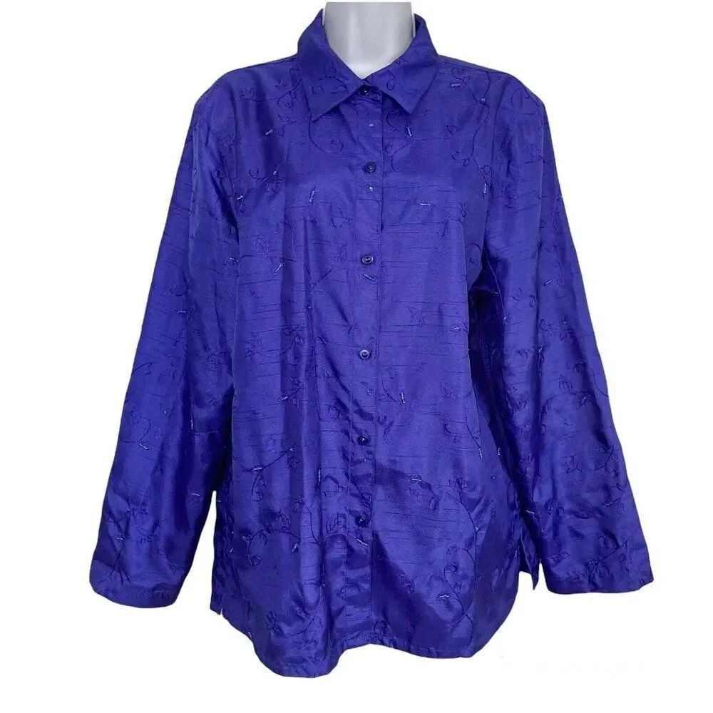Clothes Womens XL Top Blouse Purple Embroidered Long Sleeve Dressy Career Work